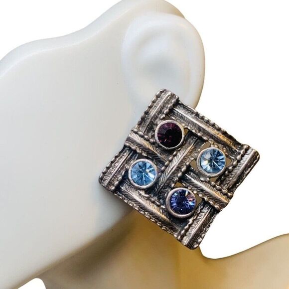 Vintage Large Square Silver Tone Purple Blue Rhinestone Pierced Button Earrings - Picture 3 of 6